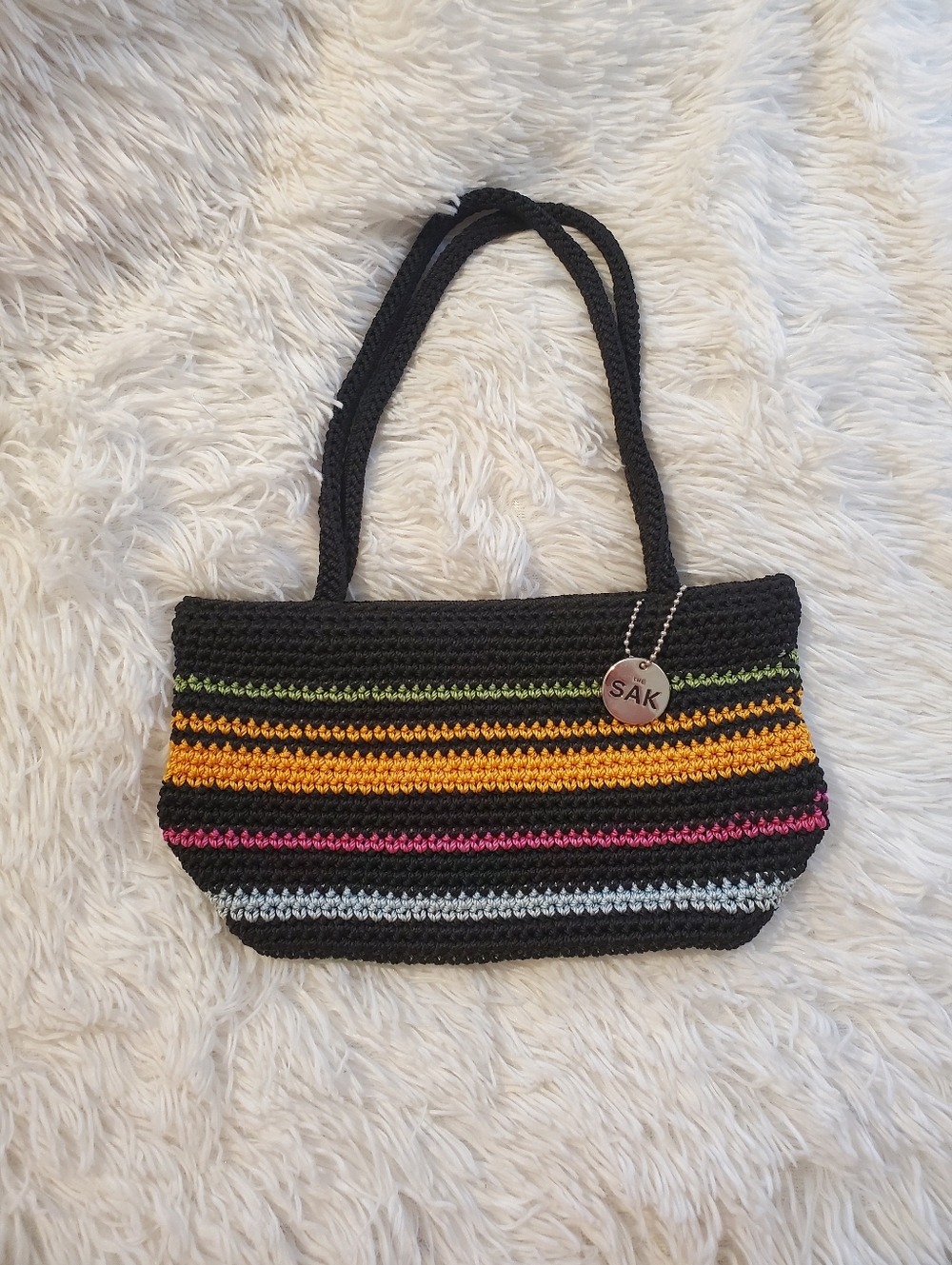 The Sak Black Crochet Shoulder Bag with Orange, Purple, Green & Blue Stripes